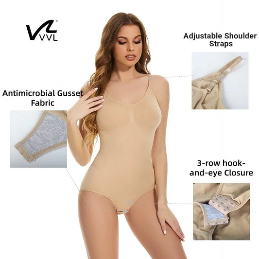 VVL Women's Black Seamless Bodysuit – Breathable, Tummy Control Shapewear with Adjustable Straps, Plus-Size Faja Butt Lifter, Easy On & Off