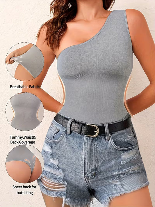 Women'S One-Shoulder Shapewear Bodysuit - Tummy Control Thong with Waist, Breathable Fabric & Full Coverage, Solid Black, Strapless Design for Outerwear