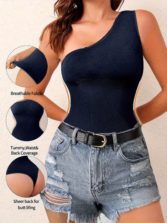 Women'S One-Shoulder Shapewear Bodysuit - Tummy Control Thong with Waist, Breathable Fabric & Full Coverage, Solid Black, Strapless Design for Outerwear