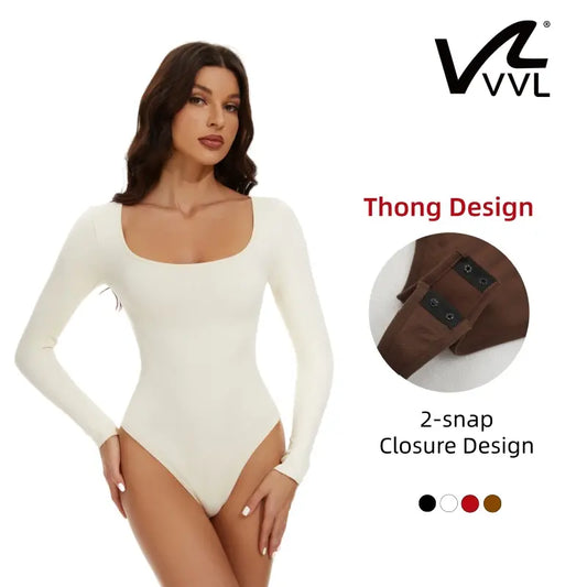 VVL BlackFriday Long Sleeve Square Neck Thong Bodysuit Seamless Full Body Tummy Control Comfortable and Stylish Daily Wear Shapewear