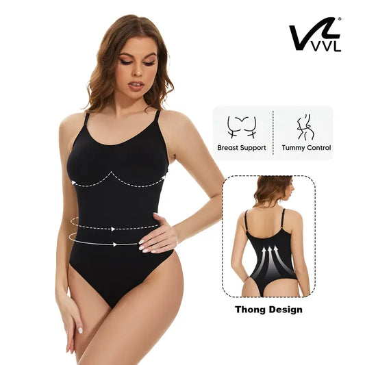 VVL Women's Seamless Brief Thong Shapewear Bodysuit, Basic Fashion Round Neck Sleeveless Body Shaper with Tummy Control, Butt Lift & Breathable Mesh Fabric