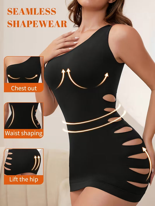 Women'S Christmas Shapewear Dress | Single-Shoulder Side-Cut, Sexy and Fashionable Bodycon, Gathers Chest, Tightens Abdomen, Lifts Buttocks, Seamless, Perfect for Christmas Party
