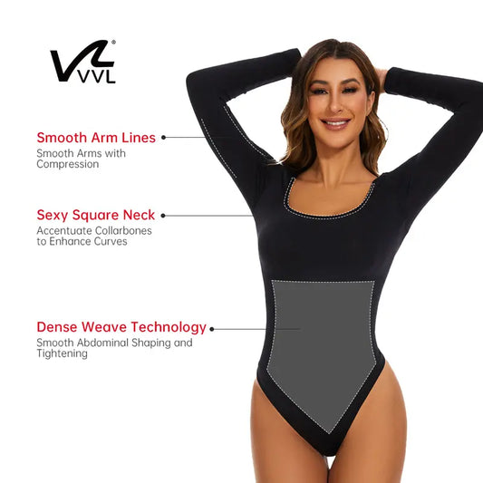 VVL BlackFriday Long Sleeve Square Neck Thong Bodysuit Seamless Full Body Tummy Control Comfortable and Stylish Daily Wear Shapewear